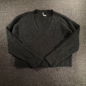 Free People V-Neck Knit Sweater Womens S Long Sleeve Black Oversized